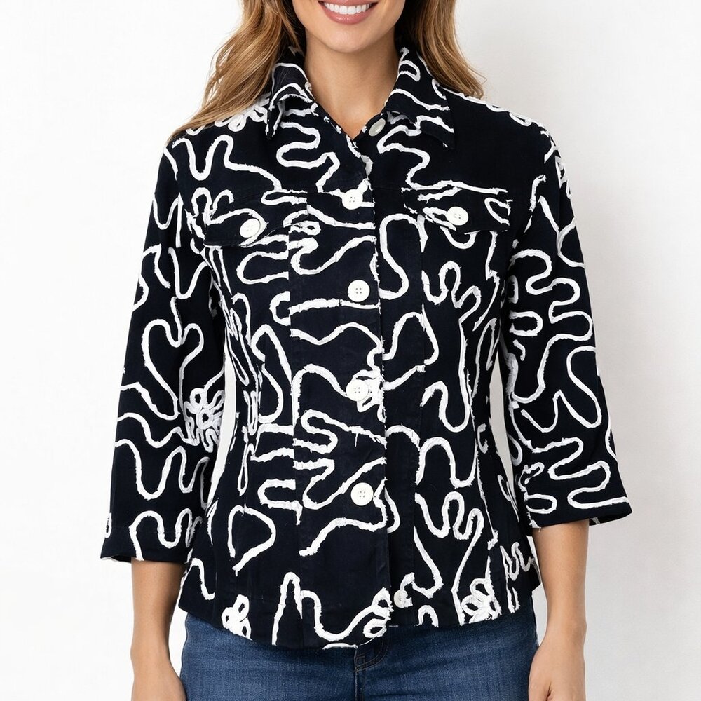Life Style Petite Black & White Abstract Squiggle Embroidered Cotton Jacket PM